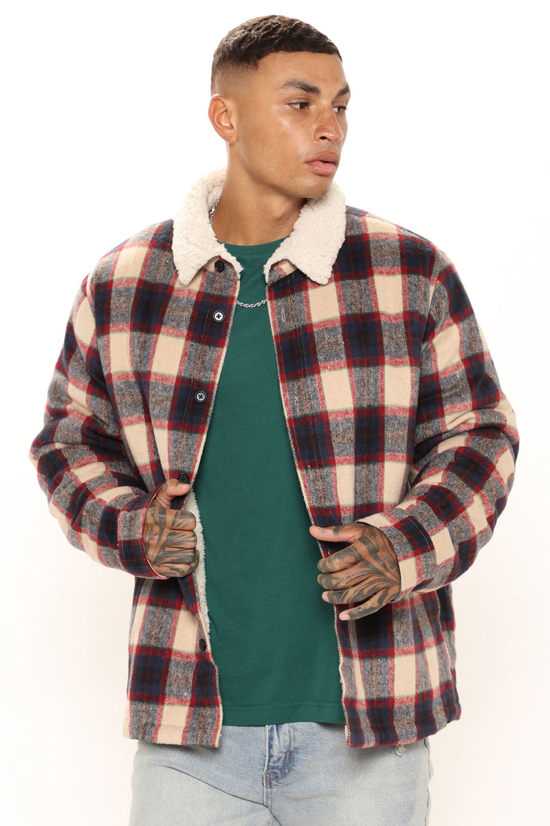 Red plaid sherpa outlet jacket men's