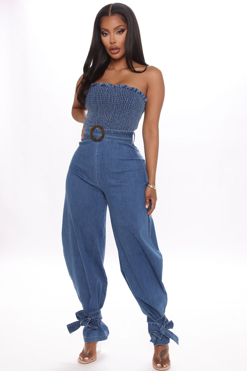About To Glow Denim Jumpsuit Medium Wash Fashion Nova