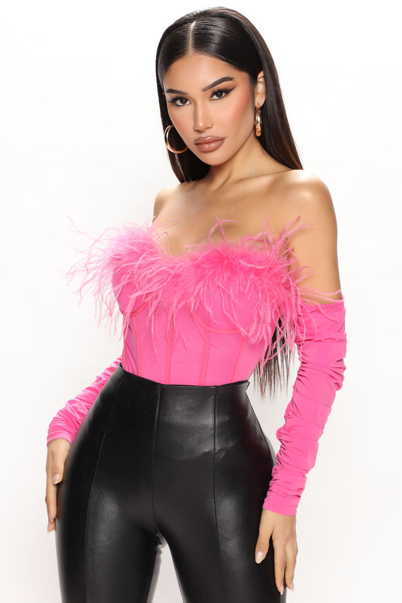 Crush Your Heart Feather Bodysuit - Hot Pink, Fashion Nova, Bodysuits