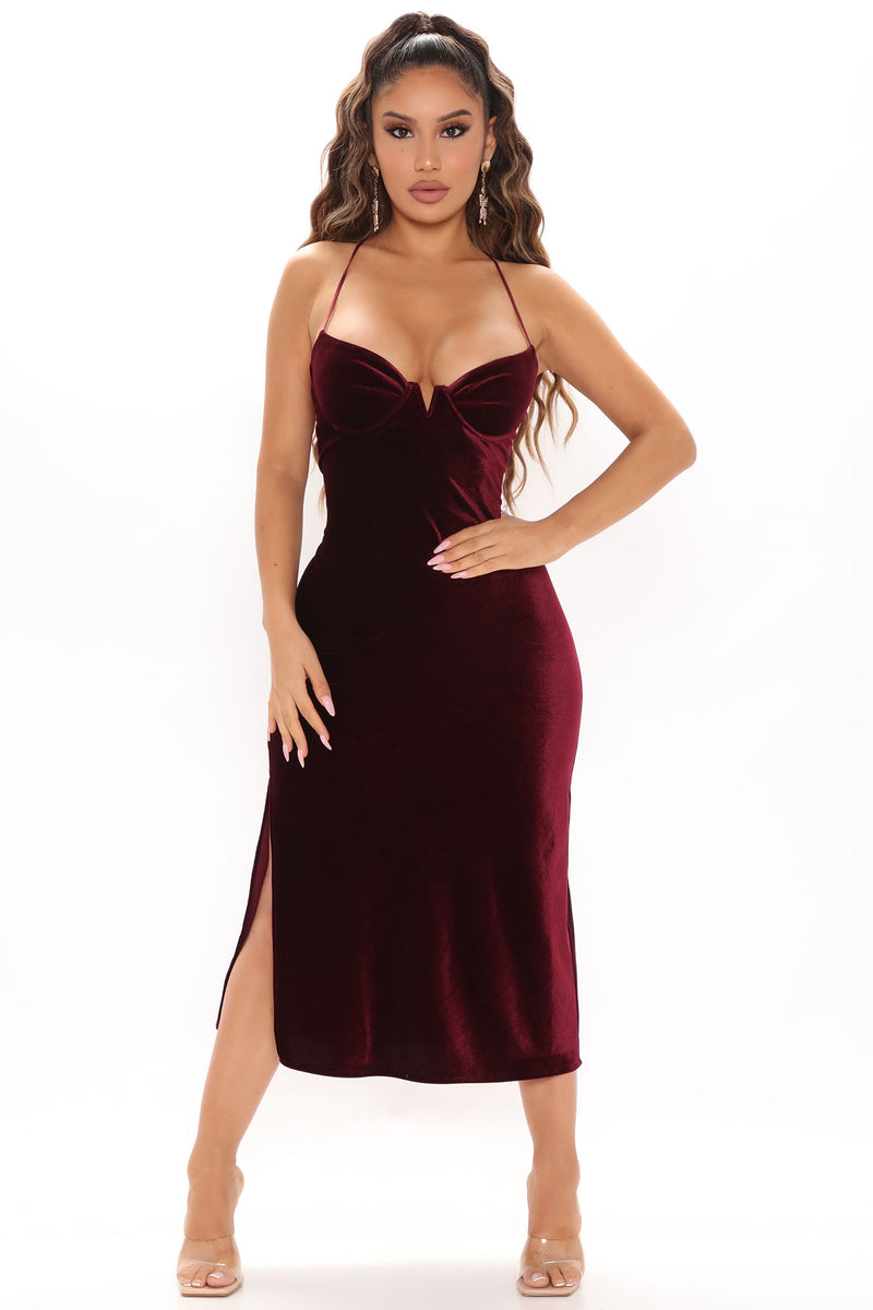 Smooth Night Velvet Midi Dress Burgundy
