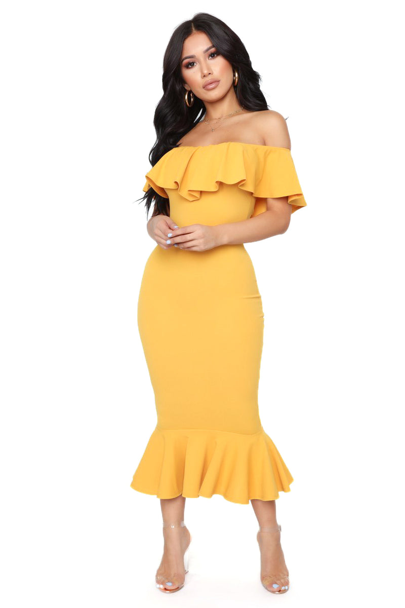 Mustard yellow store off shoulder dress