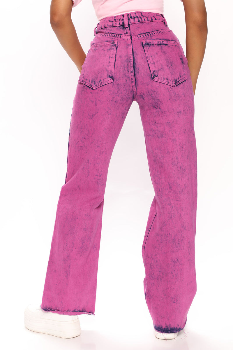 Acid Pink Straight Leg Distressed Jeans, Purple Door