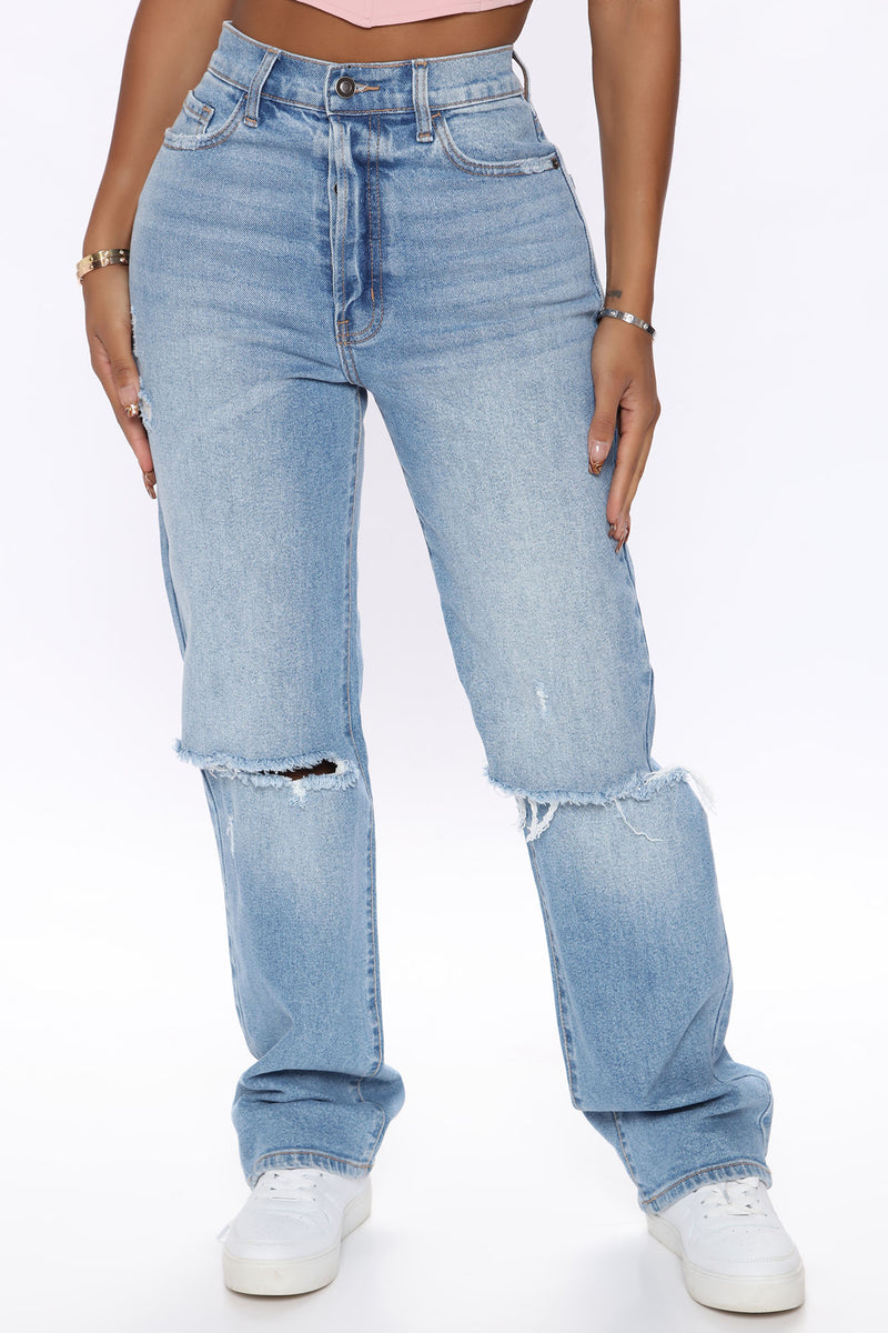 As You Please Ripped Straight Leg Jeans Light Blue Wash
