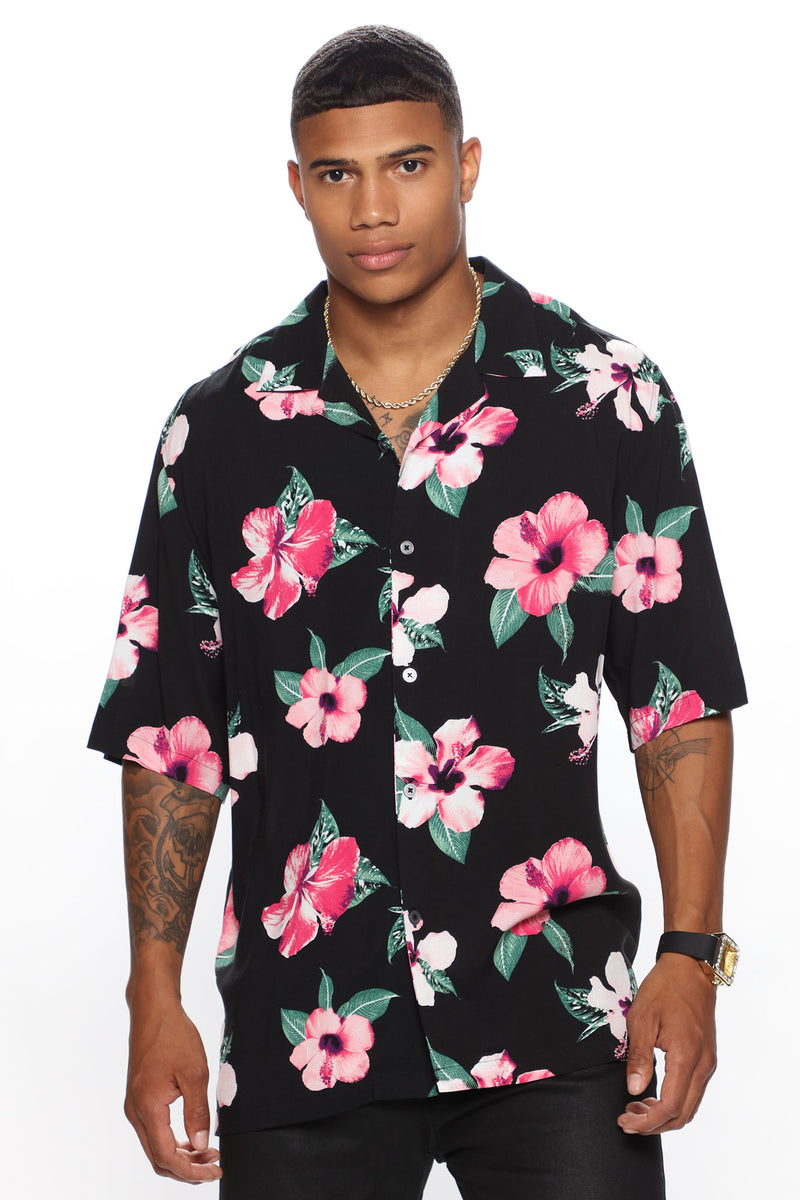 Black and sale pink hawaiian shirt