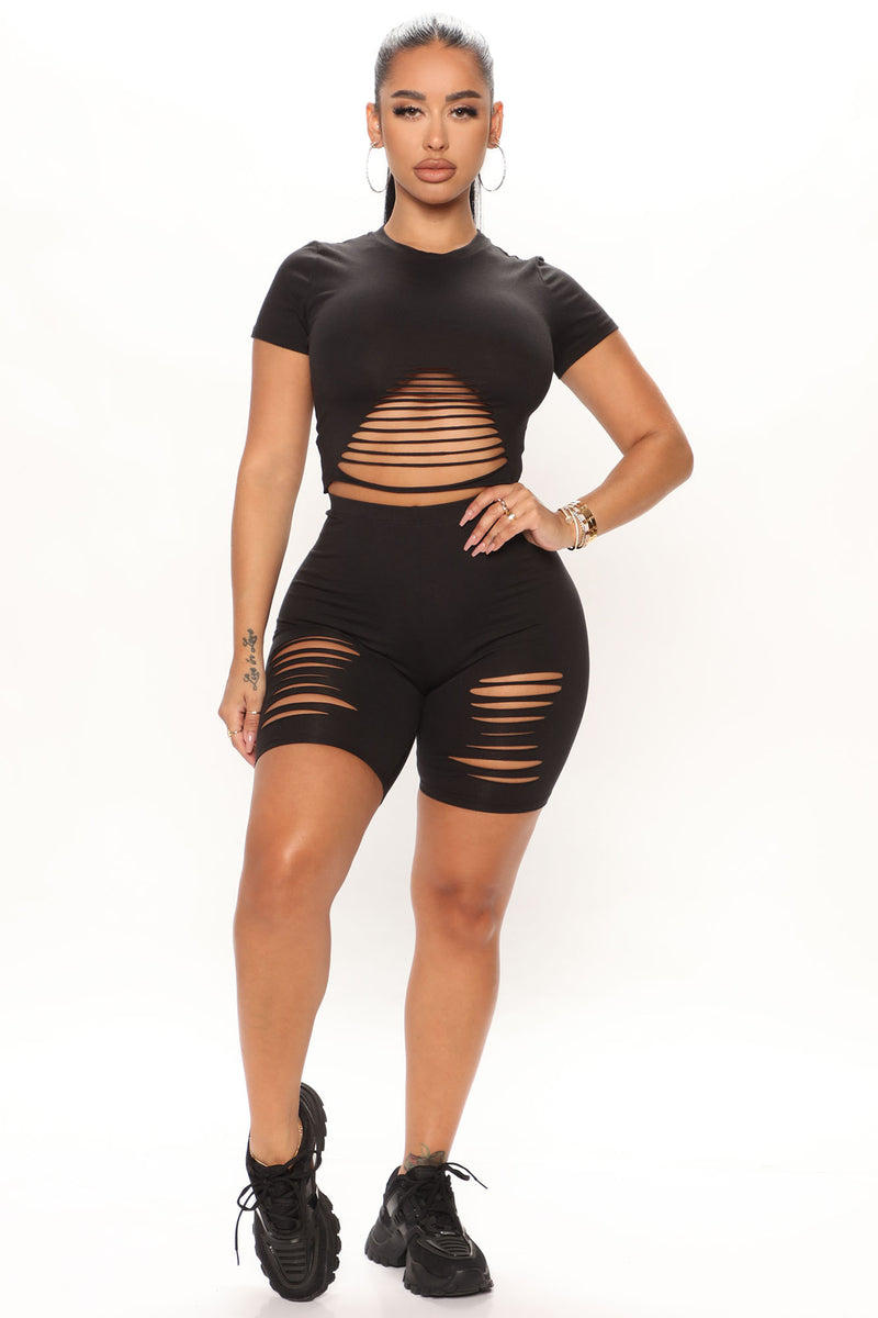 Bianca Distressed Biker Short Set Black