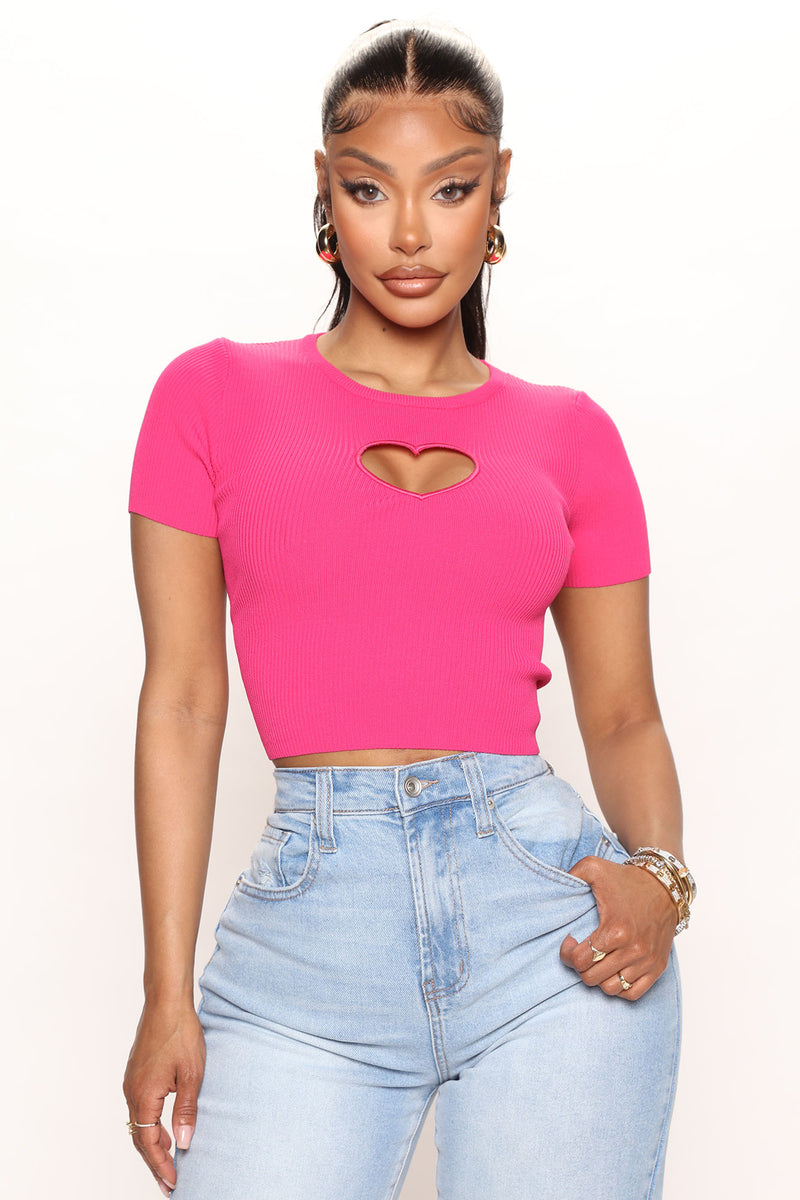Baby Pink Rib Heart Cut Out Crop Top, Tops
