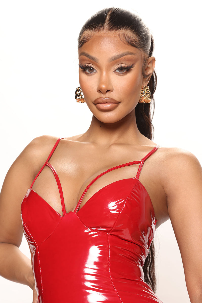 She s A Baddie Latex Midi Dress Red