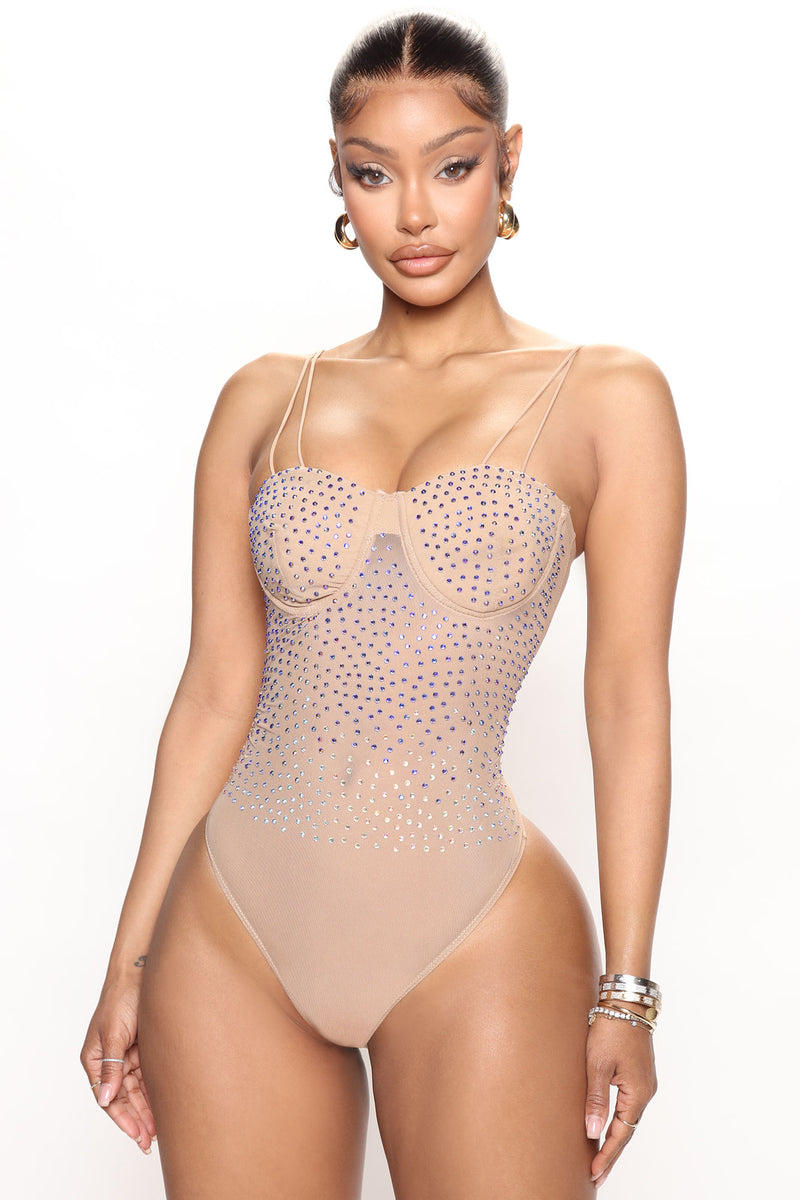 Zaria Rhinestone Mesh Bodysuit Nude Fashion Nova Bodysuits
