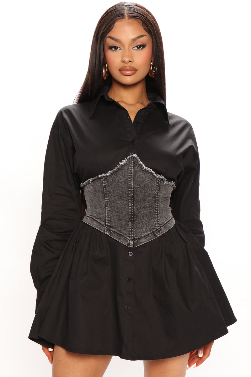 Demi Corset Shirt Dress - Black, Fashion Nova, Dresses