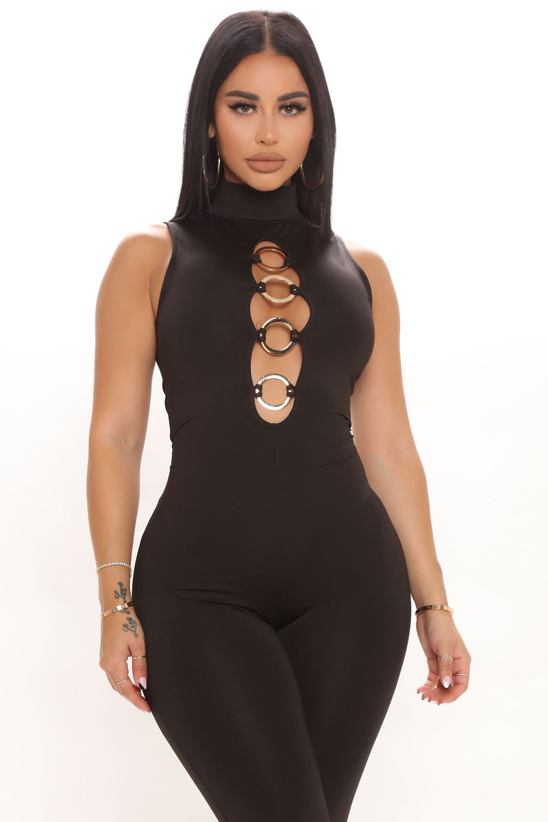 Fashion nova black and gold jumpsuit shop