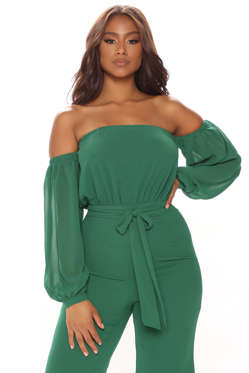 Off the shoulder green jumpsuit store