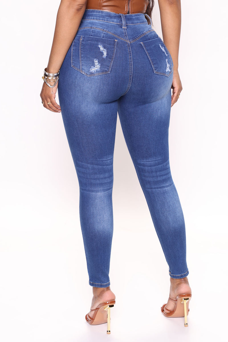 Women's All The Booty Ripped Skinny Jeans in Medium Blue Wash Size 1 by Fashion Nova
