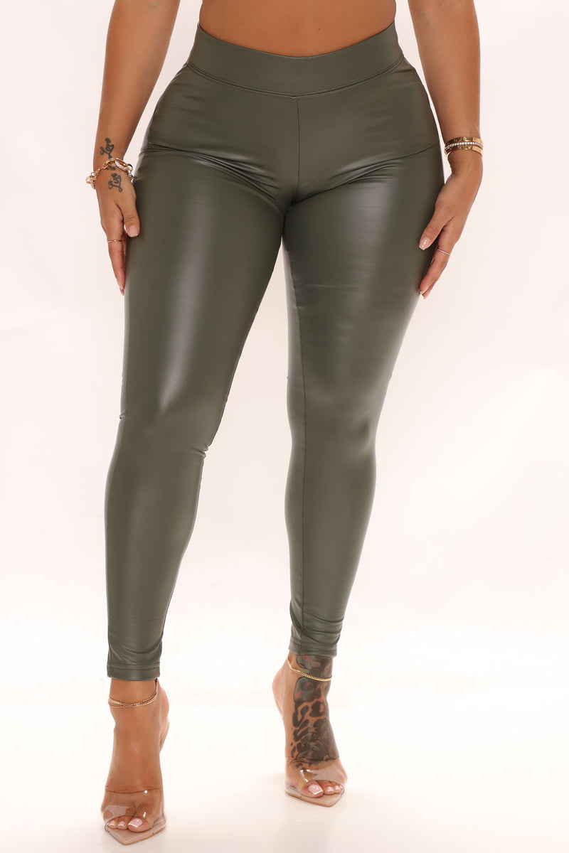 Olive green faux leather leggings clearance