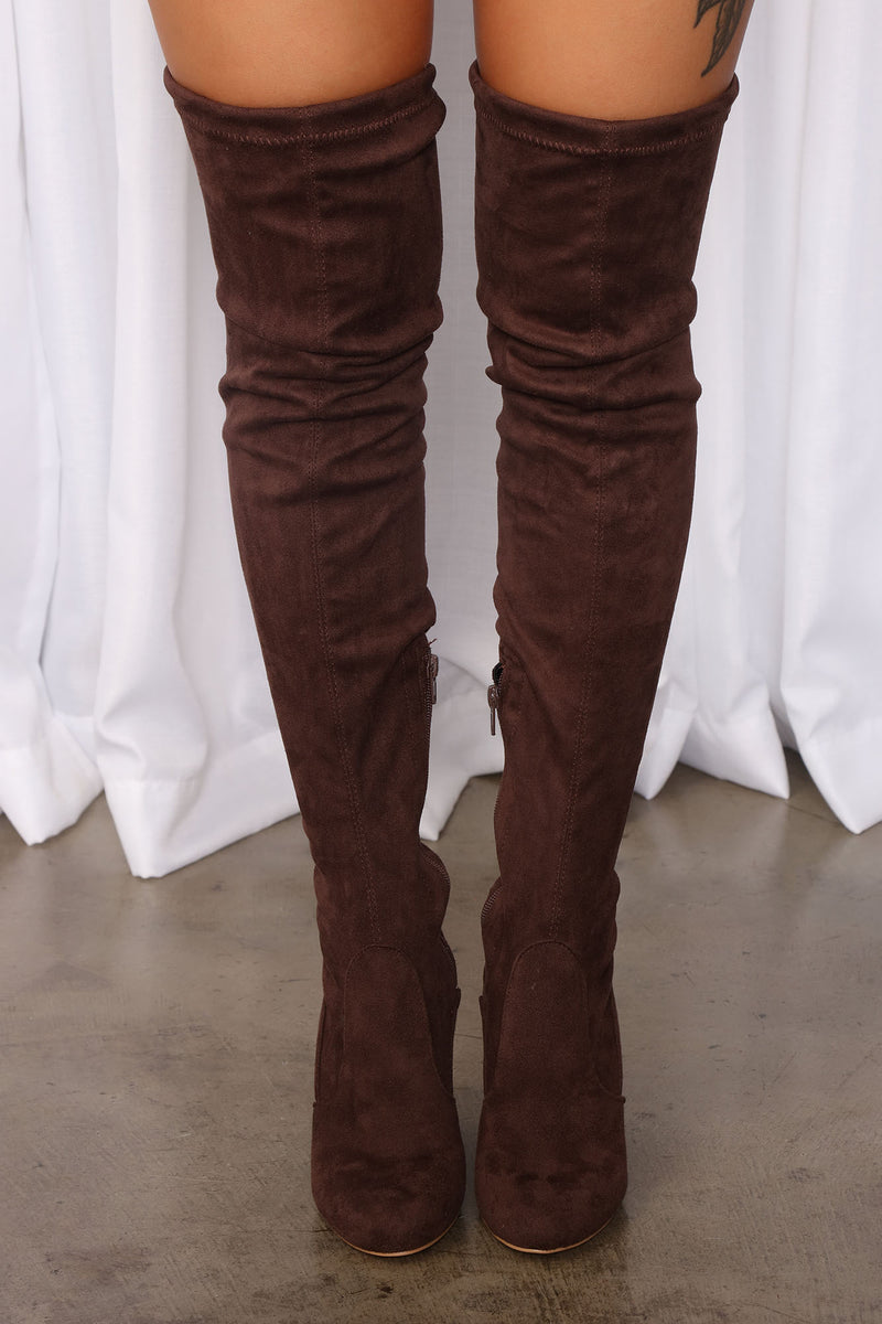 Chocolate thigh high boots sales