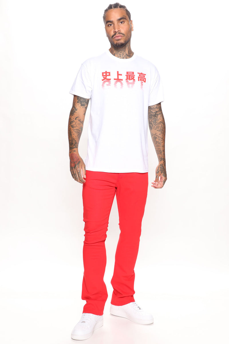 Red Boyfriend Top + Skinny Jeans - the Flexman Flat