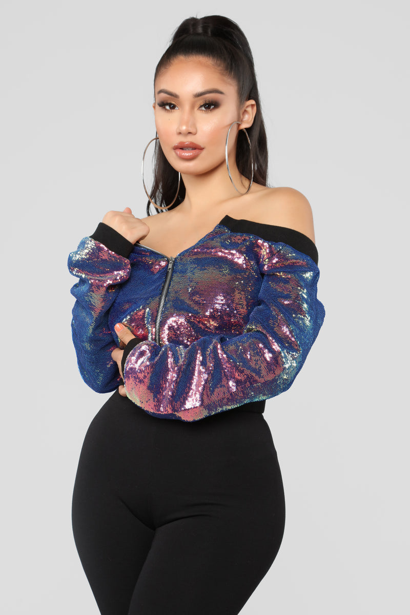 Sequin off top the shoulder jacket