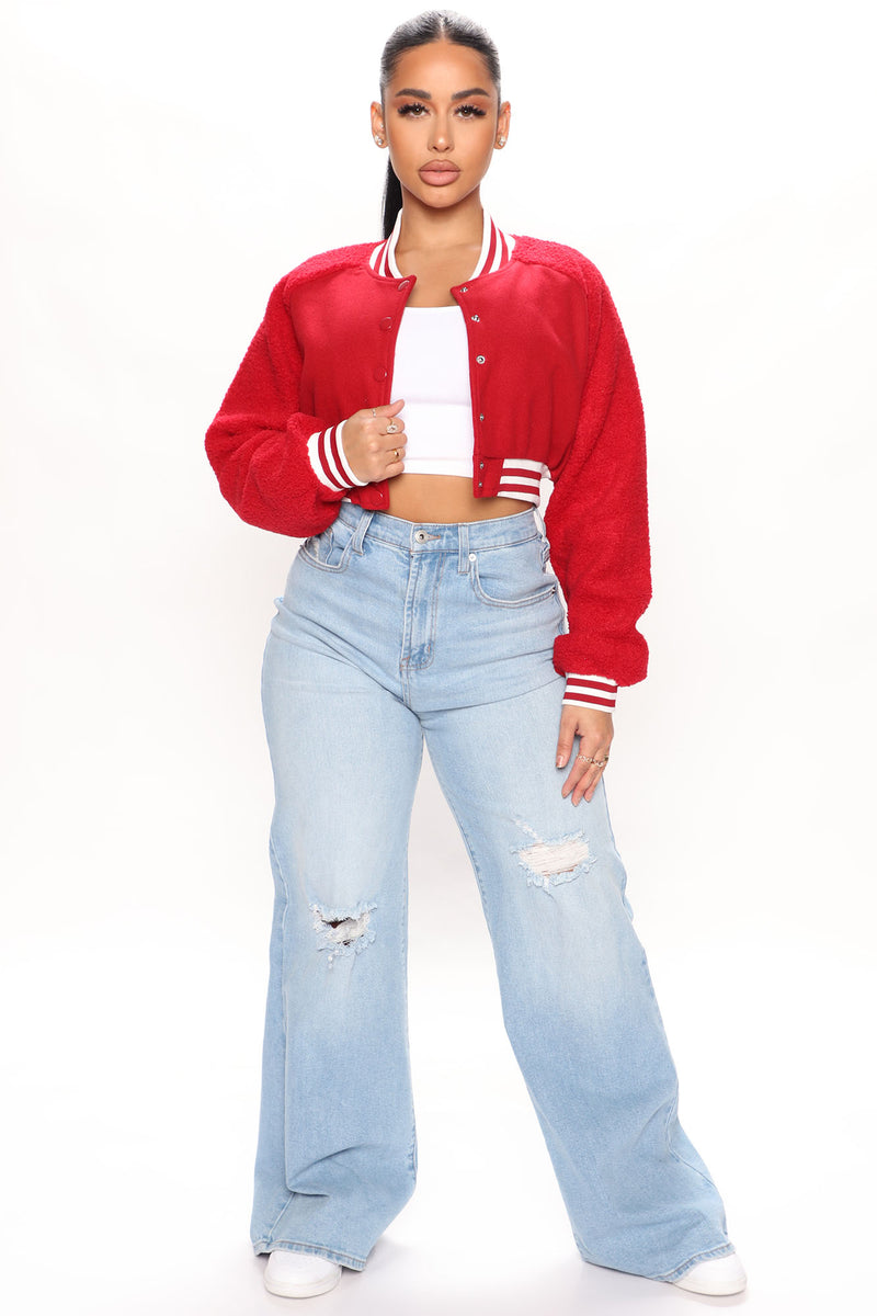 Burgundy cropped denim on sale jacket