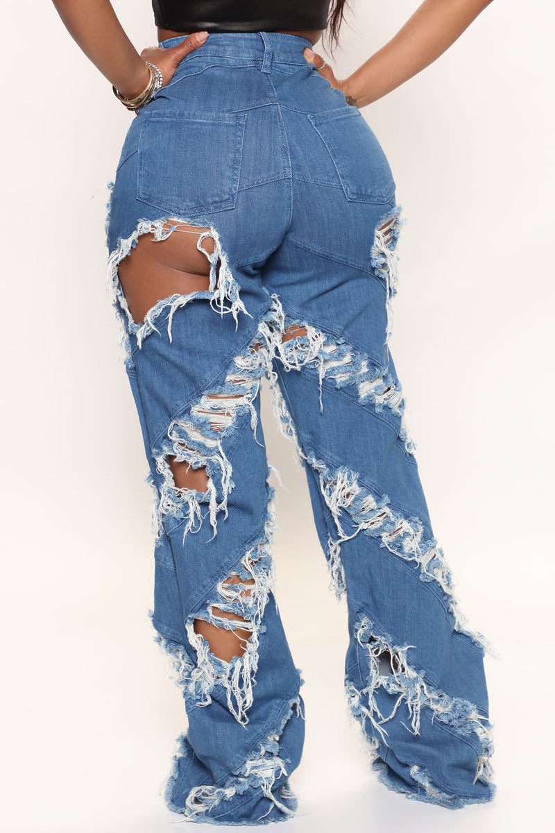 City Of Sin Ripped Baggy Jeans Medium Blue Wash