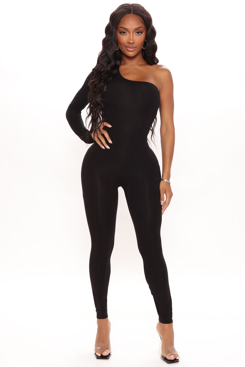 Nova Season Long Sleeve One Shoulder Jumpsuit Black