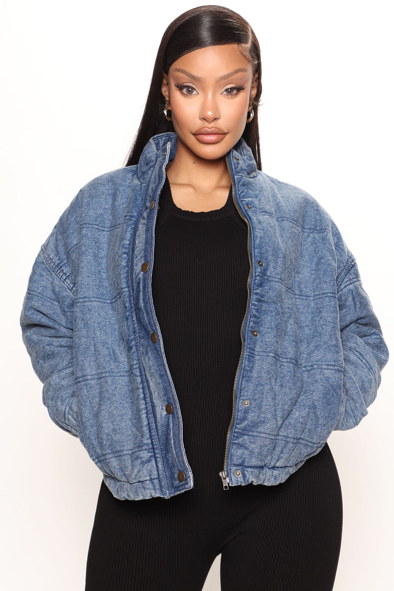 Puffer jean jacket shop