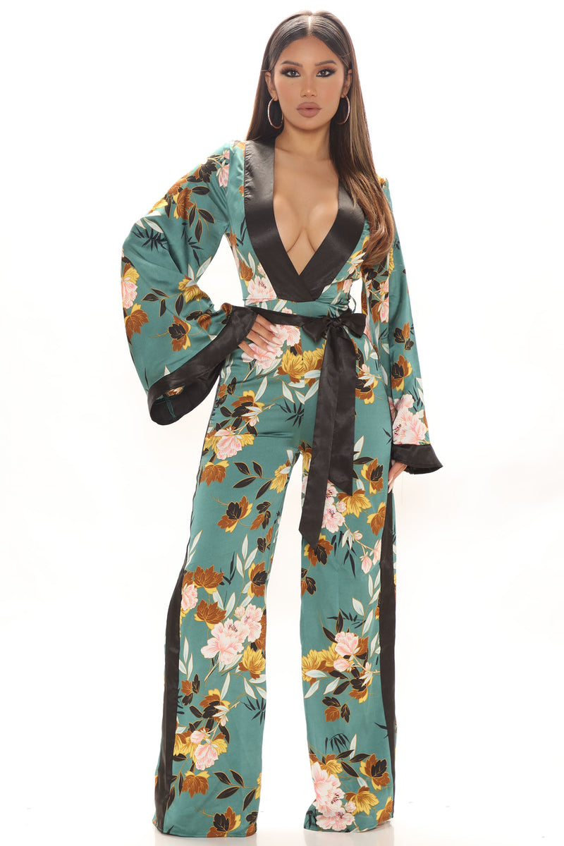 Rooting For You Floral Jumpsuit Teal combo