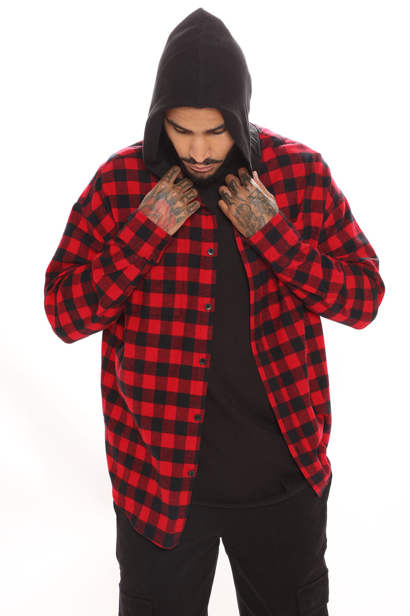 Good Luck Hooded Plaid Flannel Shirt Red Black