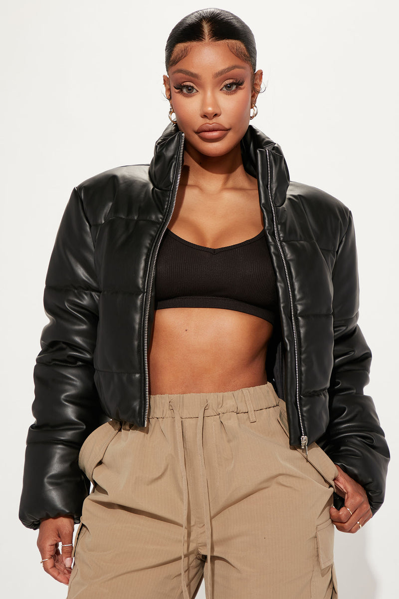 Faux leather cropped puffer jacket outlet