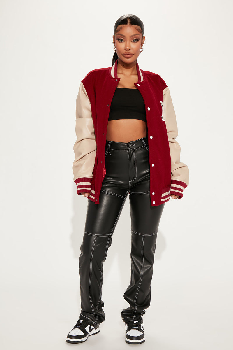 Maroon and black online varsity jacket