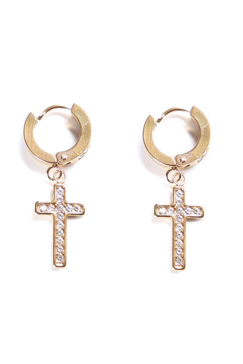 All Iced Up Dangling Cross Earrings Gold Fashion Nova Mens