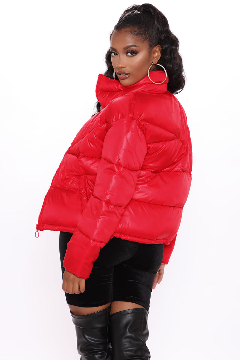 Red puffer jacket sales with hood womens