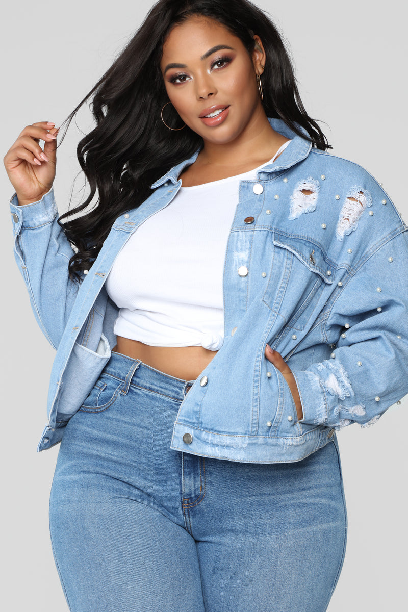 Plus size denim jacket with pearls shop