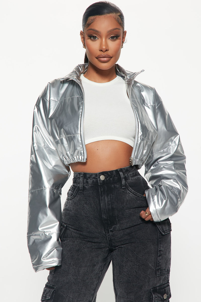 Silver Metallic Crop Puffer Jacket