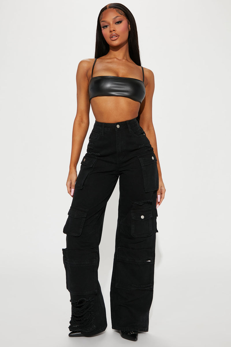 Lily High Rise Distressed Cargo Jeans - Black