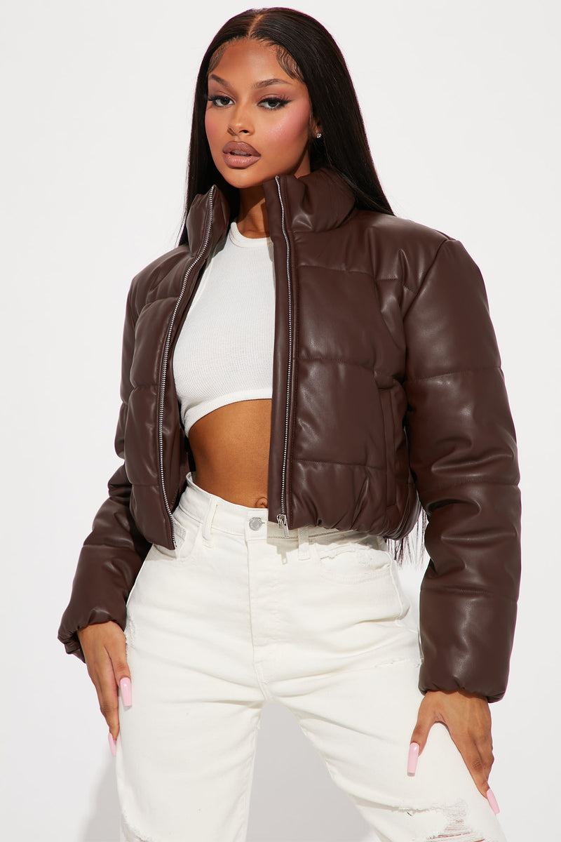Leather cropped puffer jacket deals