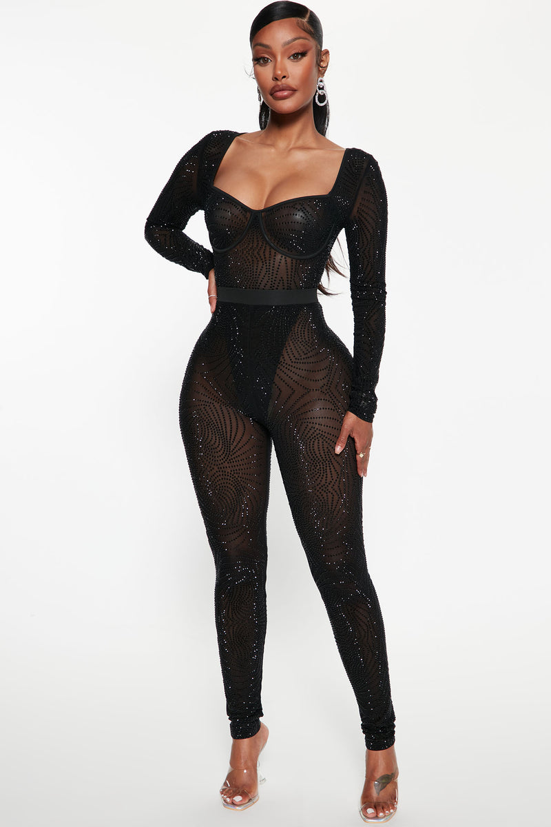 Always A Baddie Rhinestone Mesh Legging Set Black
