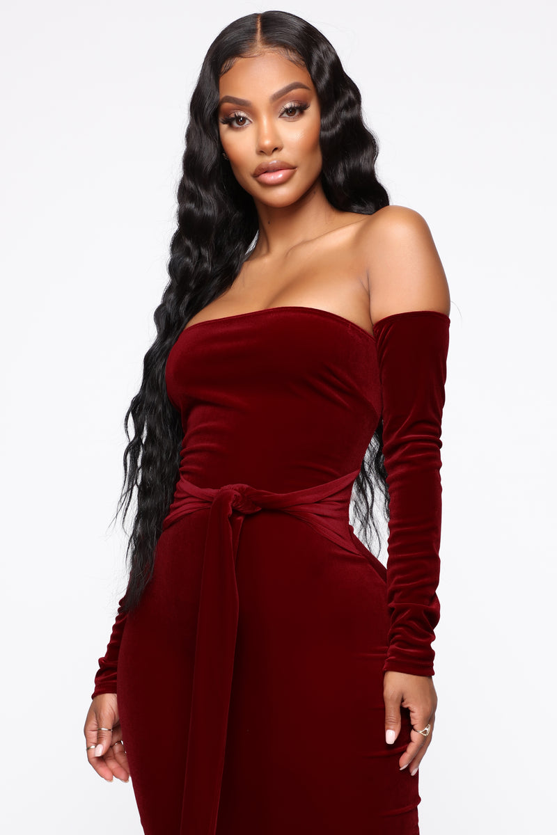 Burgundy velvet off outlet the shoulder dress