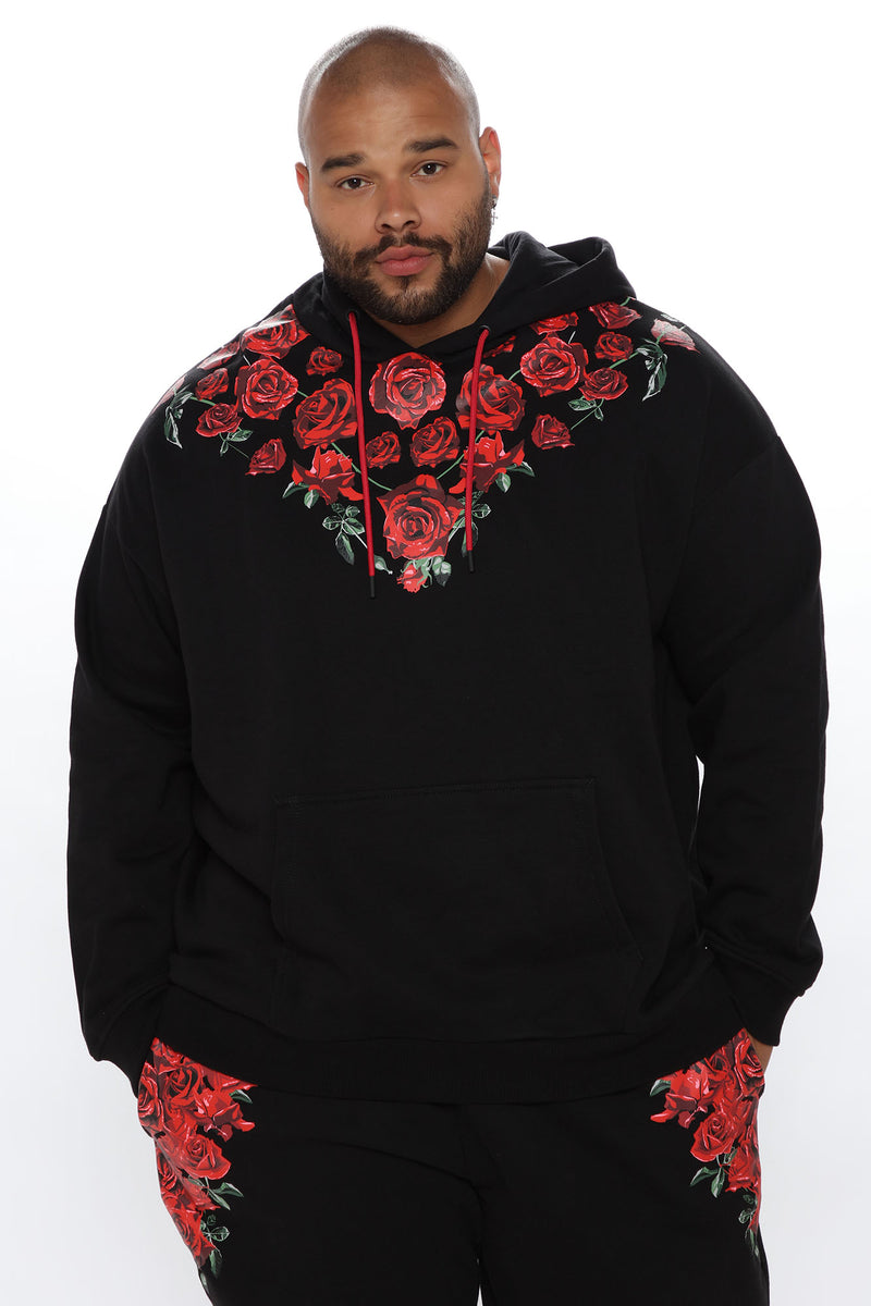 Black hoodie with red roses hotsell