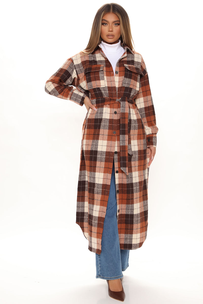 topshop herringbone longline shacket in rust1