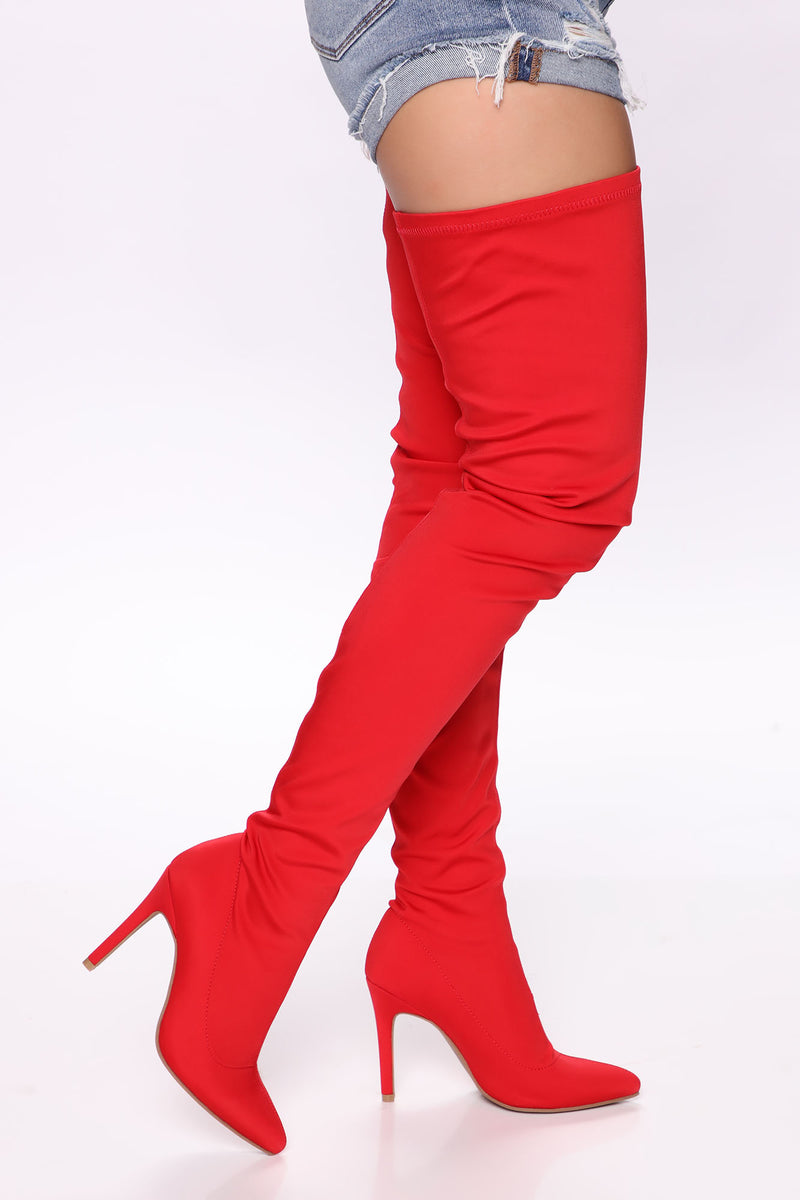 Red thigh high boots thick heel deals