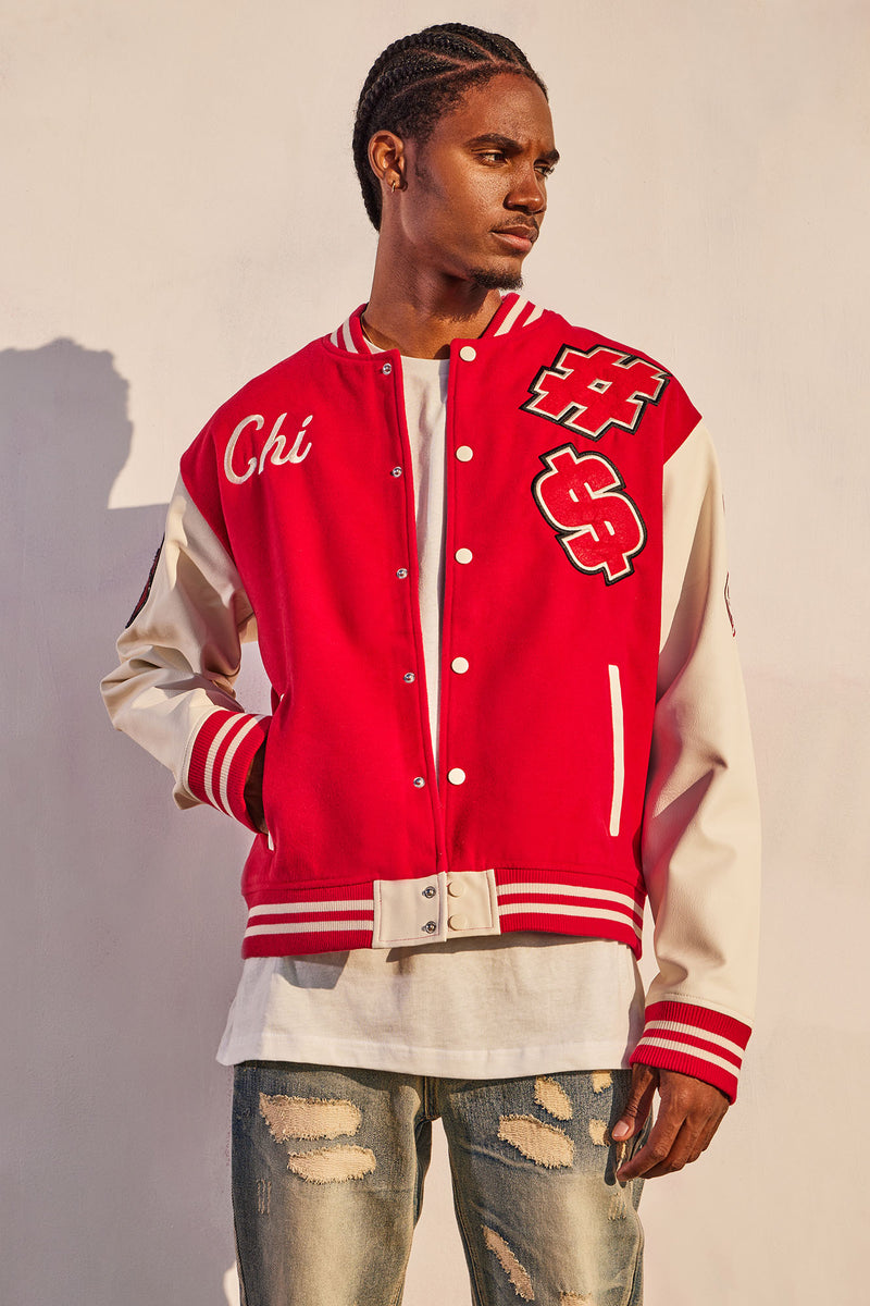 Red varsity jacket 2025