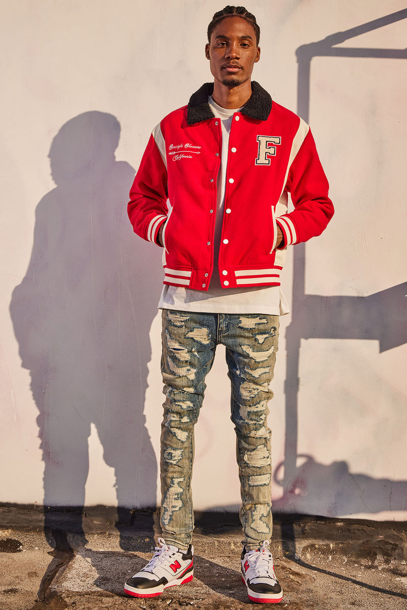 Archery Club Sherpa Collared Varsity Jacket Red Fashion Nova, Mens