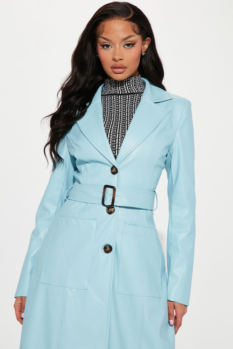 No Hard Feelings Faux Leather Trench Coat Light Blue Fashion