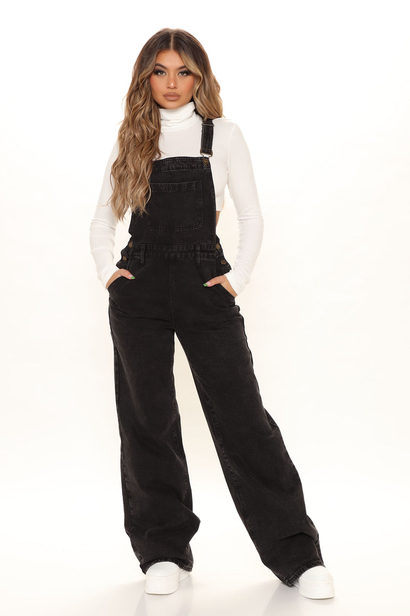 Keep It Loose Wide Leg Denim Overalls Black