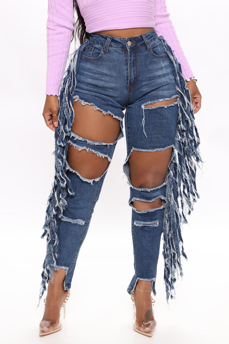 Livin' On The Edge Fringe Skinny Jeans Dark Wash Fashion Nova