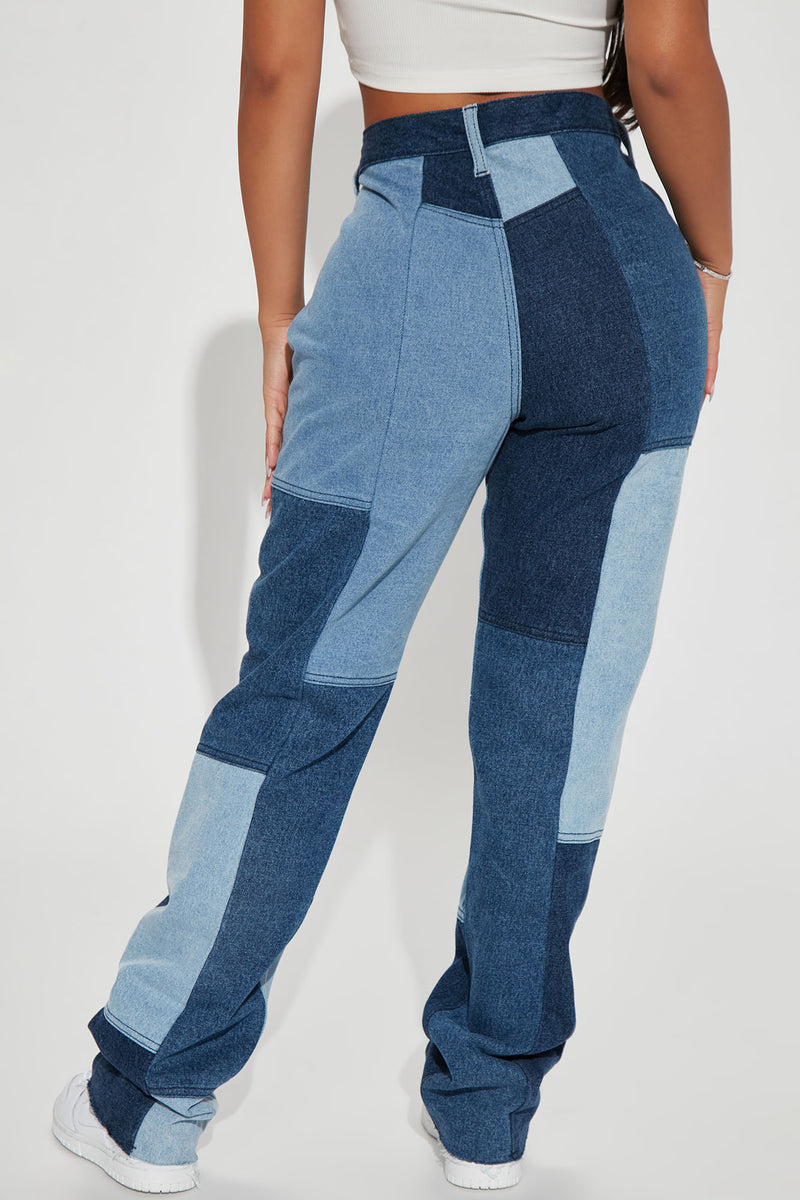Hey Girl Patchwork Straight Leg Jeans Blue Wash