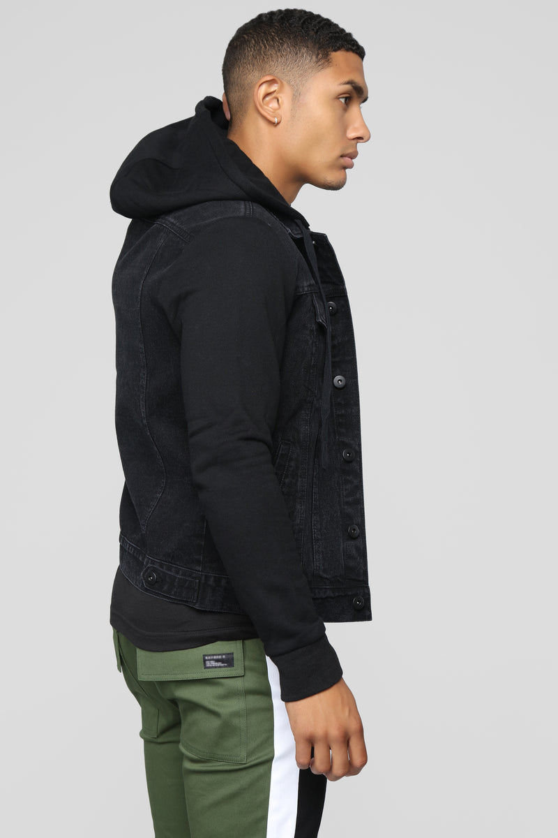 Mens black hooded denim jacket hotsell