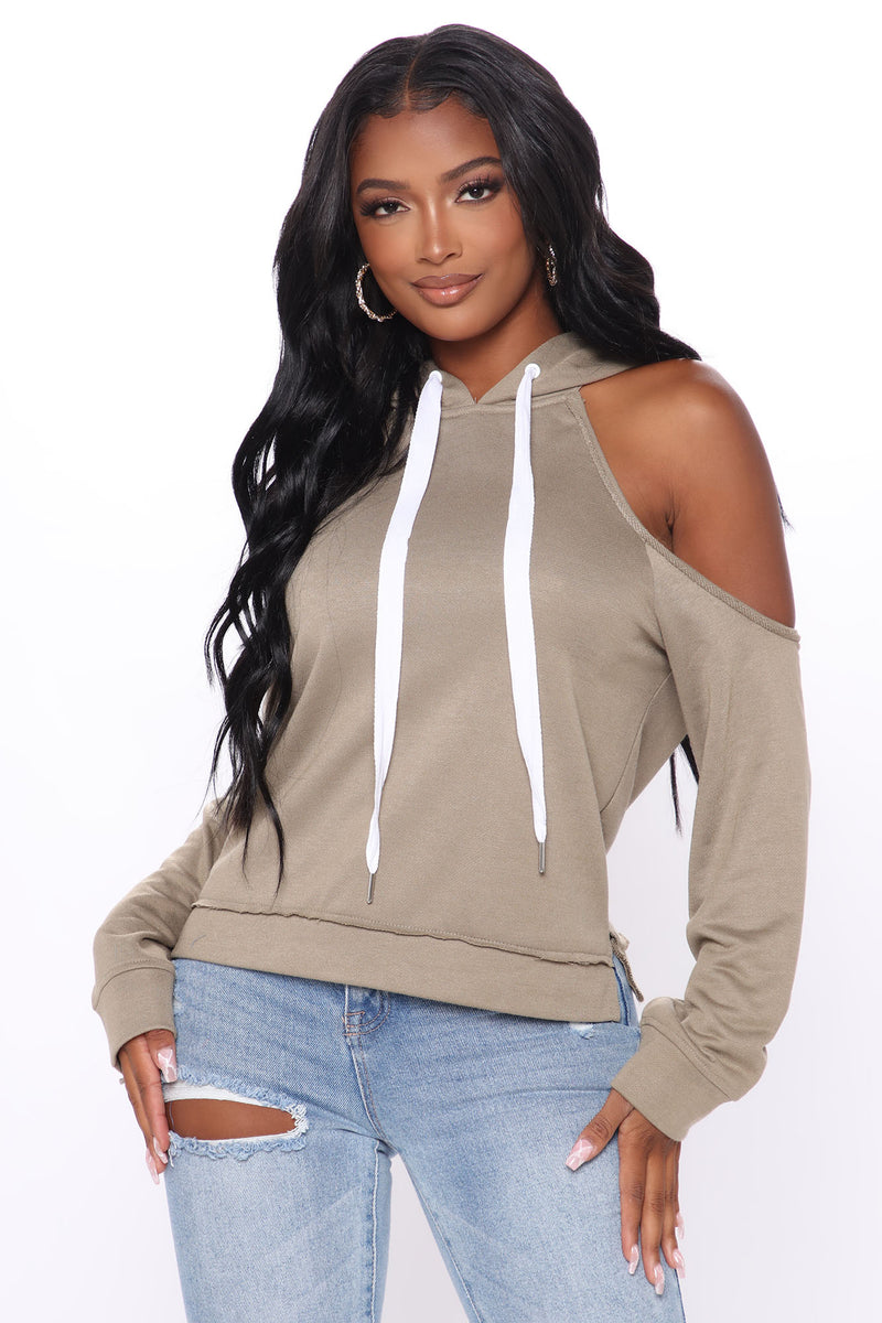 Cold shoulder clearance sweatshirt with hood