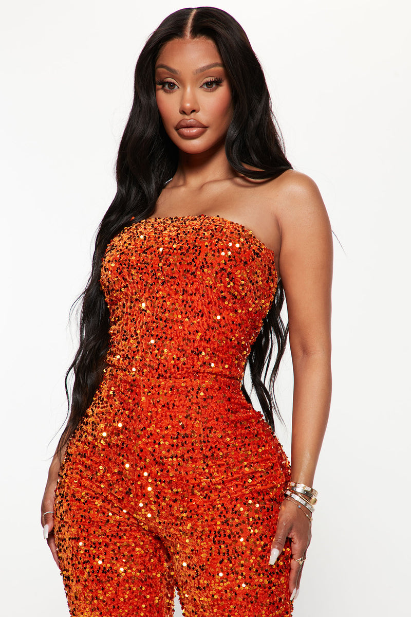 Orange sequin jumpsuit store