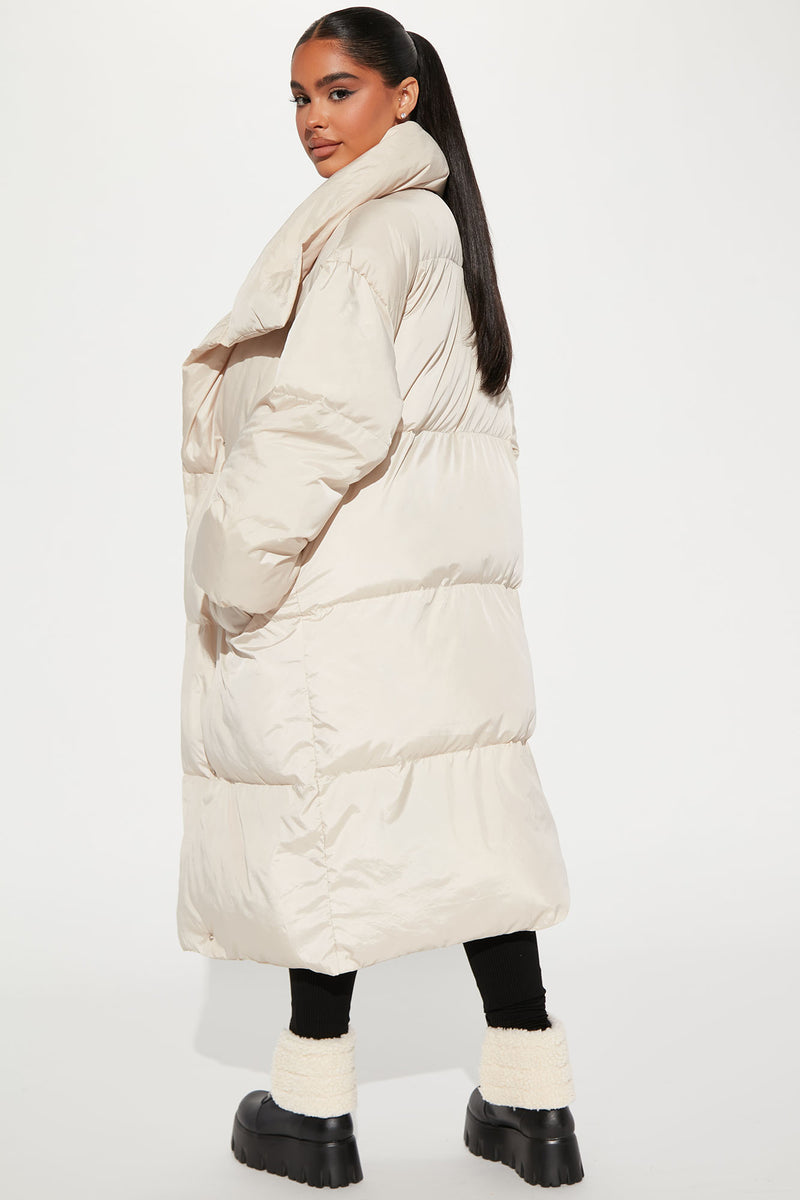 Nude long discount puffer coat