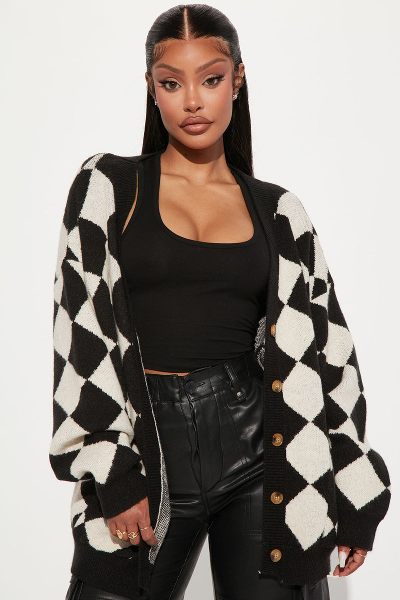 Black and white check cardigan discount